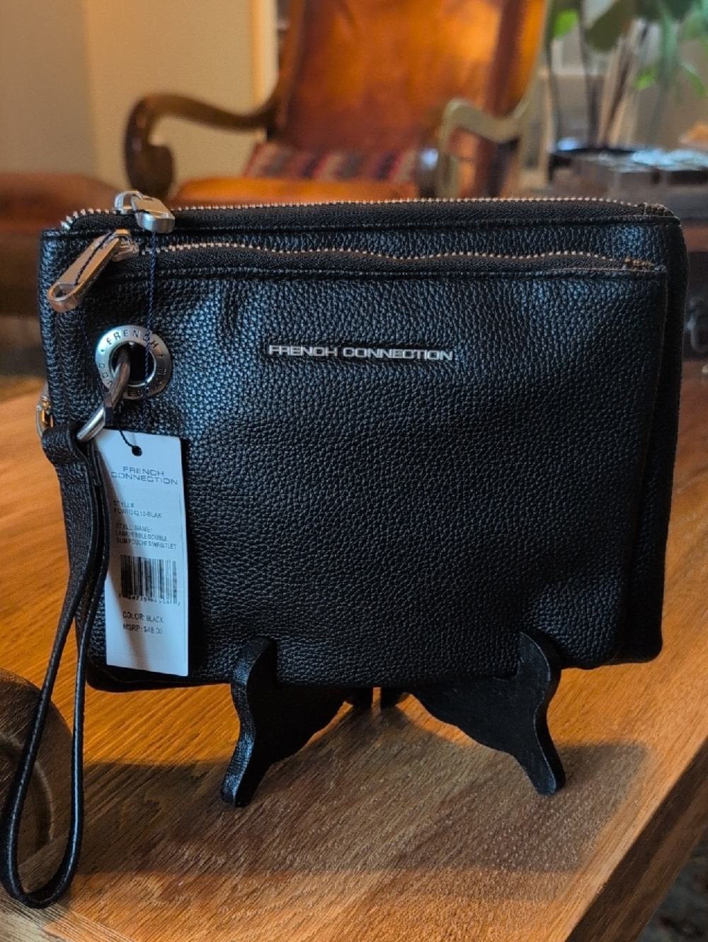 French Connection Lara Pebbled Black Double Slim Pouches Wristlet. NWT